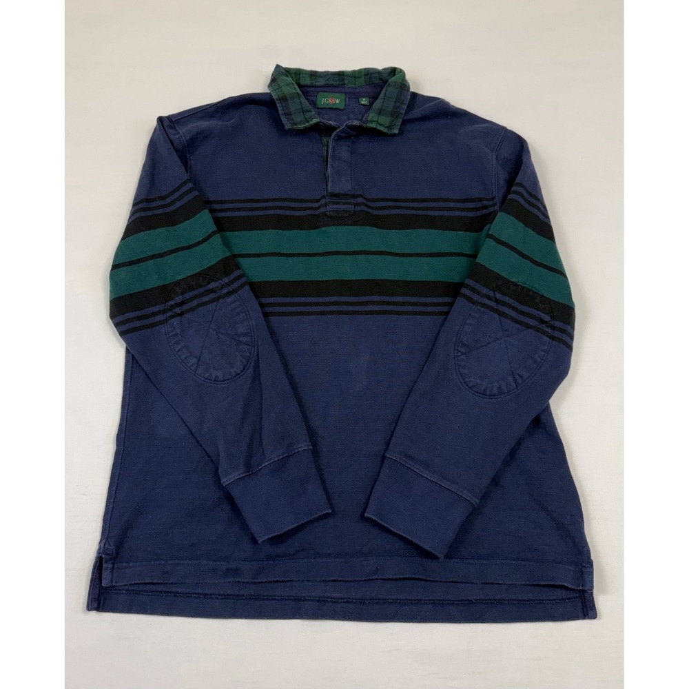 J.Crew Mens Long Sleeve Rugby Shirt with Tartan Collar, Reinforced Elbow Patches